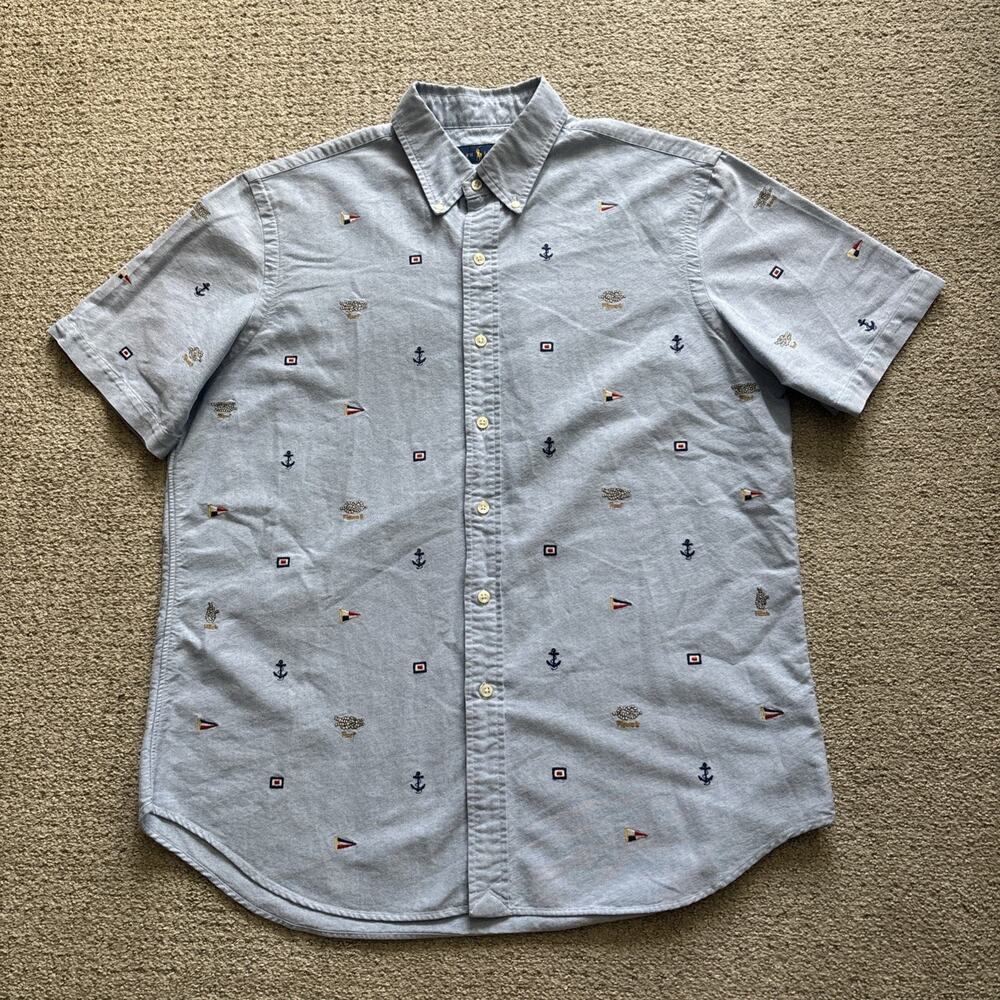 Ralph Lauren Shirt Blue Oxford Embroidered Anchors Flags Men Sz Large